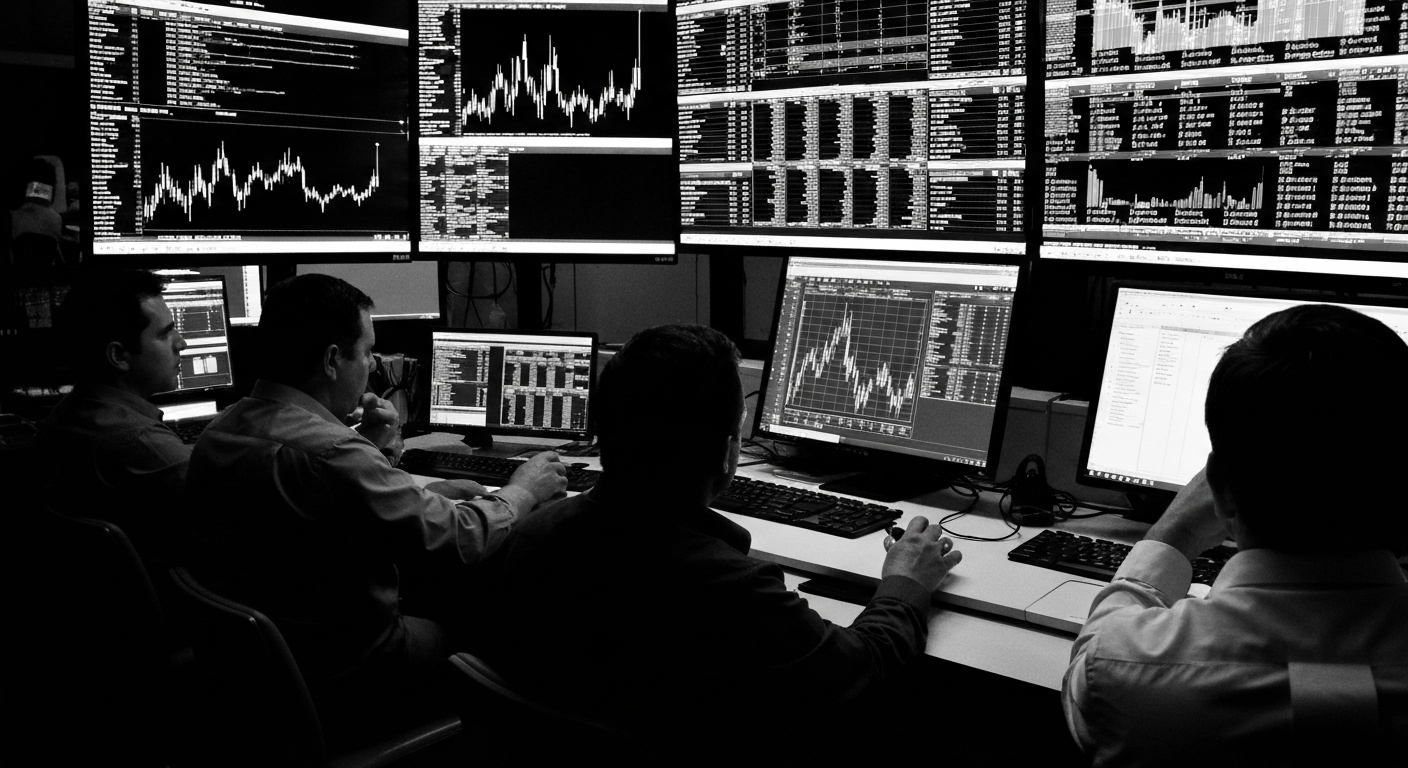 A high-contrast, cinematic close-up of the complex machinery and components that power a major financial trading platform, conveying the industrial strength and technical sophistication of the global derivatives market.