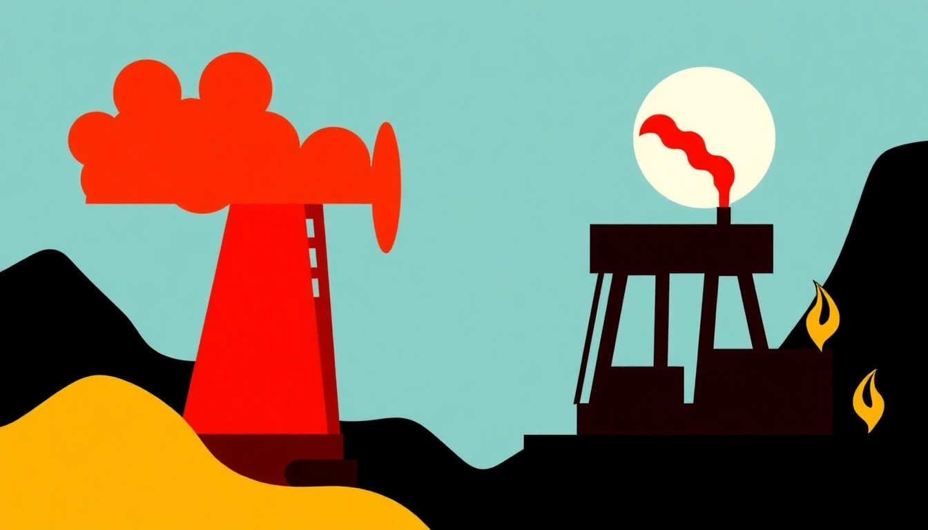 A vibrant abstract illustration using bold geometric shapes and primary colors to conceptually represent the global energy crisis and rising fuel prices.