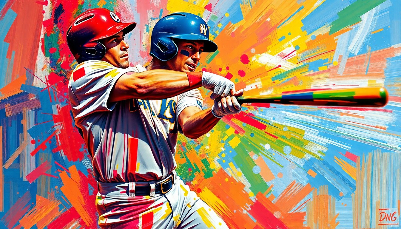 An extreme close-up of a baseball player mid-swing, with vibrant neon colors and rapid brushstrokes capturing the raw power and energy of the moment, the player's face and uniform details dissolving into unrecognizable splatters.