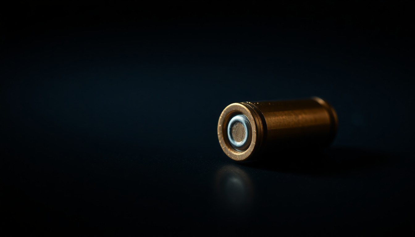 An extreme close-up photograph of a single handgun bullet casing on a dark background, lit by a harsh, direct camera flash, conceptually illustrating the violent crime at the center of this news story.