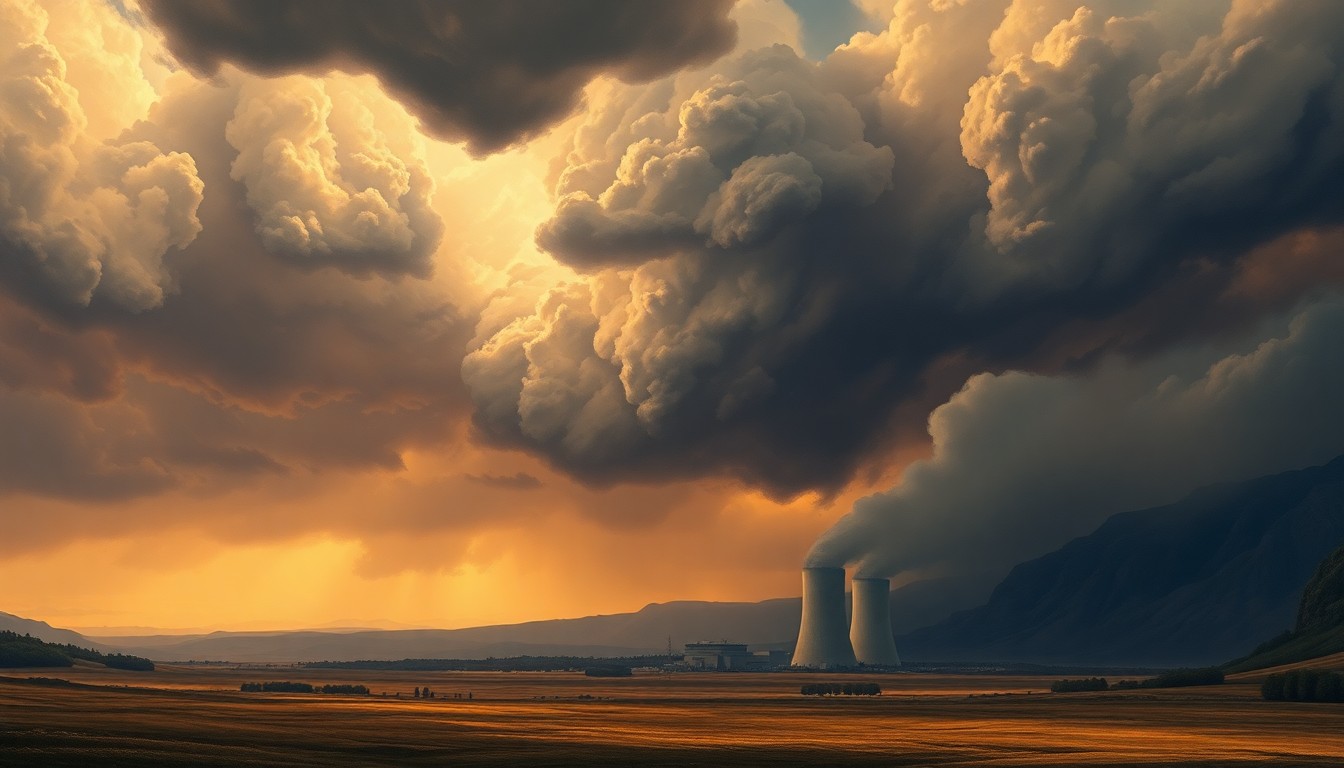 A sweeping, atmospheric landscape painting depicting a nuclear power plant dwarfed by an imposing storm system in the distance, conveying the overwhelming power of nature and the importance of preparedness.