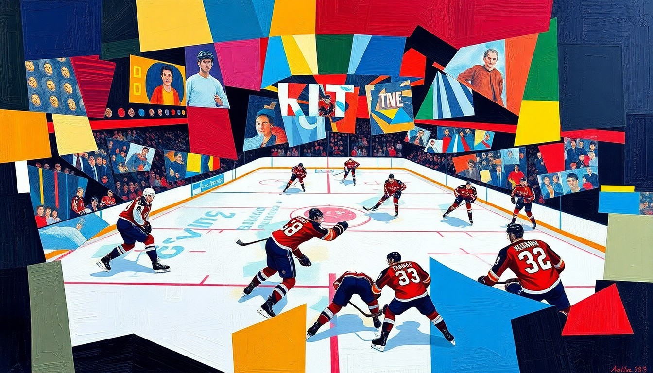 A cubist-style painting depicting a hockey game between the Washington Capitals and New Jersey Devils, with the players and action broken down into sharp, overlapping geometric shapes and planes in the teams' official colors.