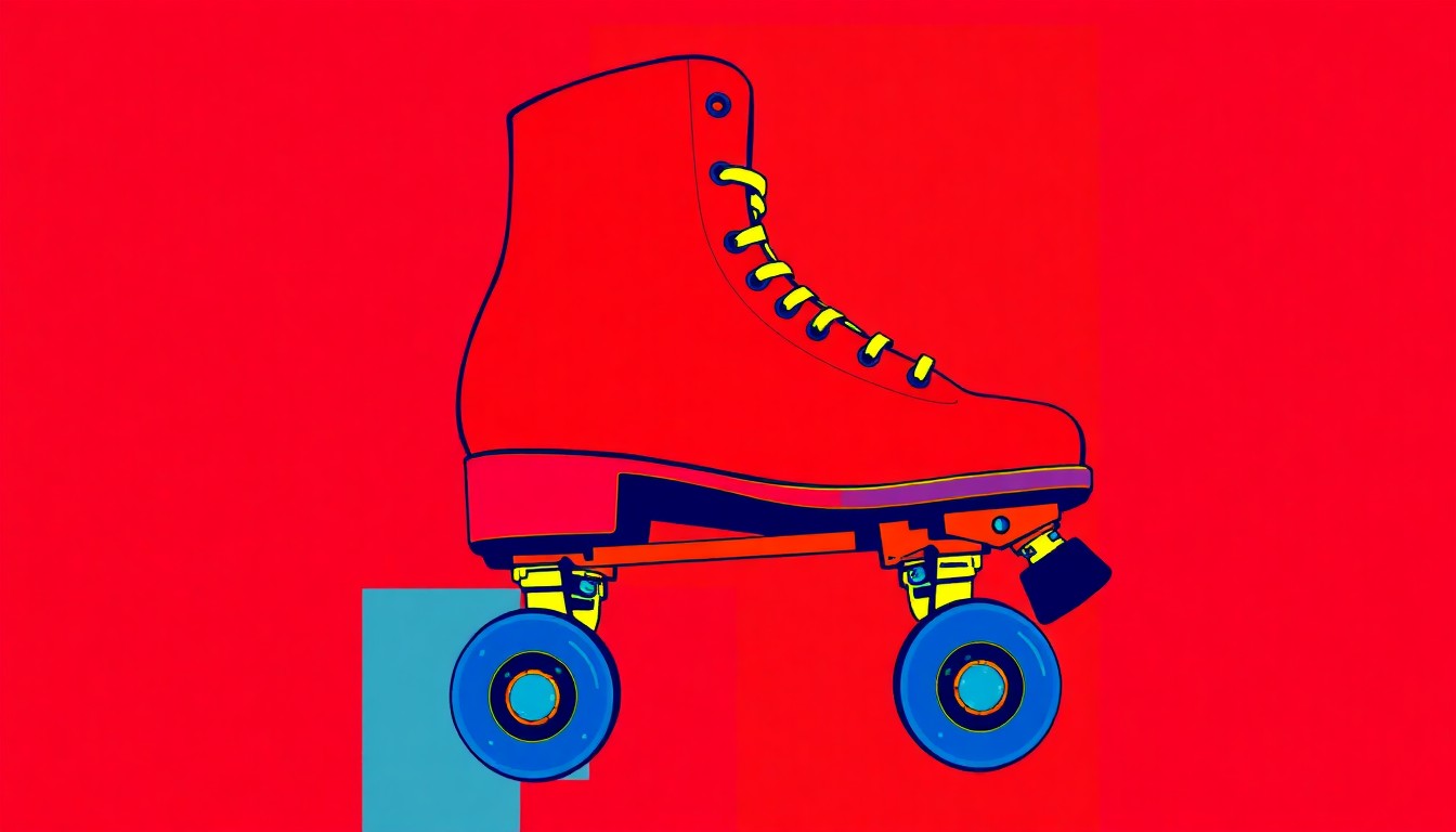 A grid of stylized roller skate icons in a high-contrast, neon color palette, capturing the energy and DIY spirit of the revived roller derby scene in Columbus.