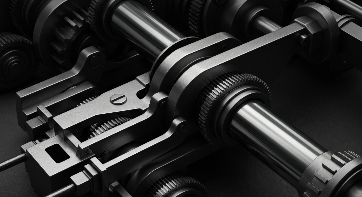 An extreme close-up of heavy, industrial banking machinery and components, conveying the tangible, secure nature of Micron's financial operations without using literal currency or charts.