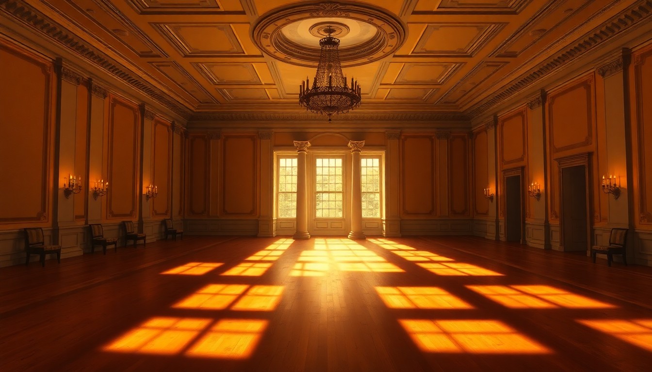 A serene, photorealistic painting of the White House ballroom interior, with soft natural light filtering through tall windows and creating dramatic shadows across the empty room, conveying a sense of anticipation and uncertainty about the space's future.