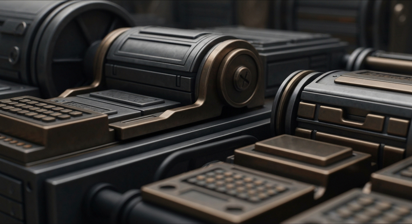 An extreme close-up of industrial gears, levers, and metal components in a dark, moody palette, conveying the tangible financial power and institutional strength of the NIKE brand.