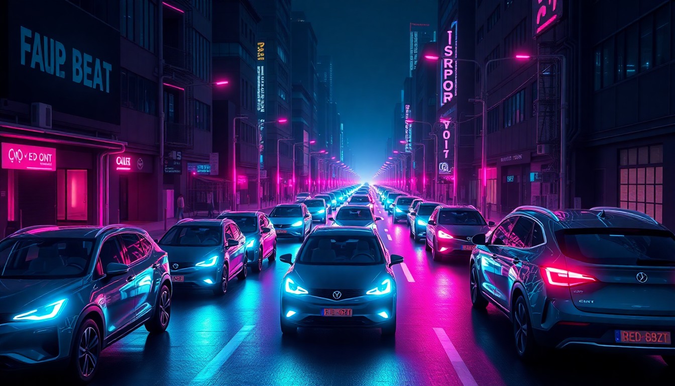A highly detailed, glowing 3D illustration of a fleet of autonomous vehicles on a dark city street, with neon cyan and magenta lights illuminating the complex cybernetic hardware and infrastructure powering the self-driving technology. The image conveys the advanced yet fragile nature of autonomous driving systems.