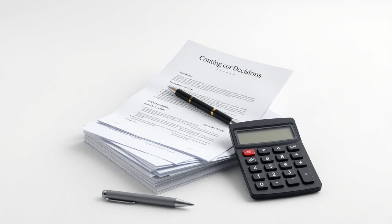 A photorealistic studio still-life featuring a stack of financial documents, a pen, and a calculator arranged elegantly on a clean, monochromatic background, conceptually representing the financial decisions behind a private equity firm's continuation vehicle.