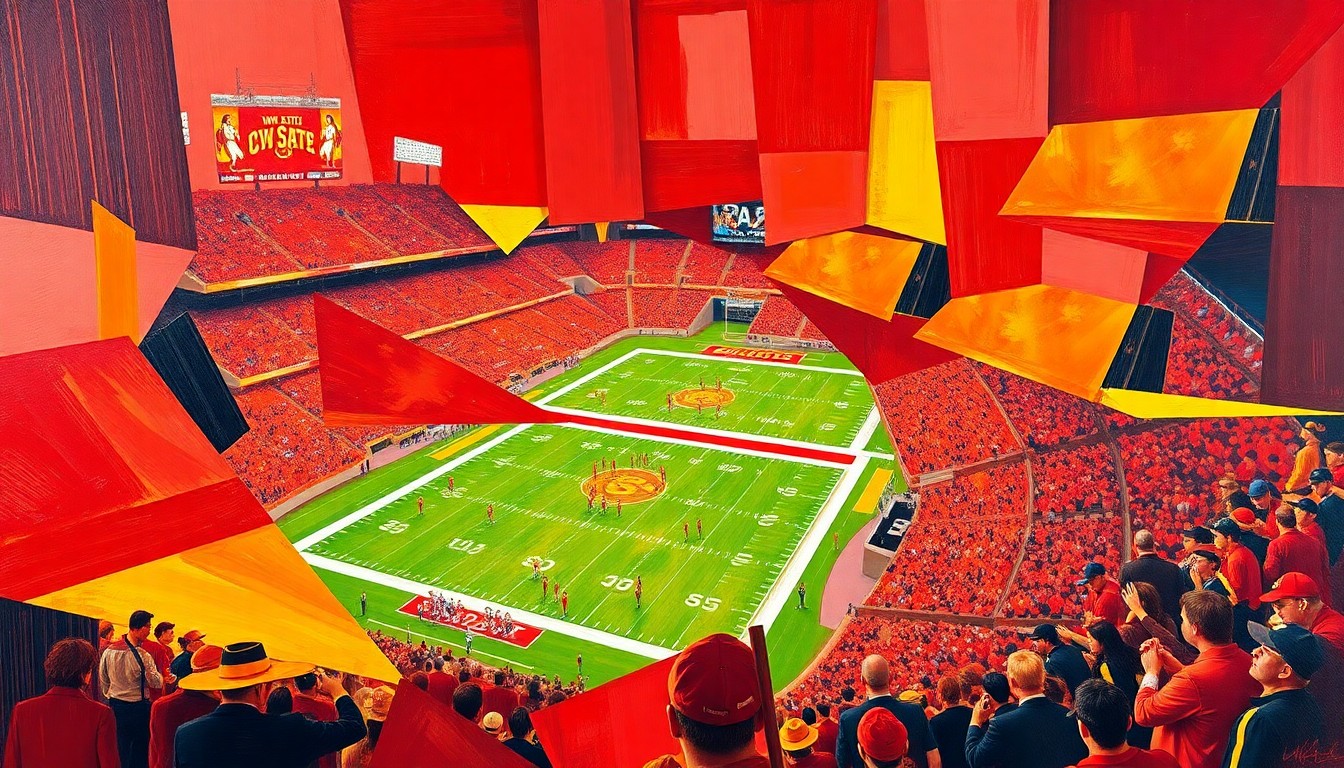 A cubist, geometric painting featuring overlapping planes of cardinal red and gold, dynamically representing the action and atmosphere of a sporting event or concert at an Iowa State University venue.