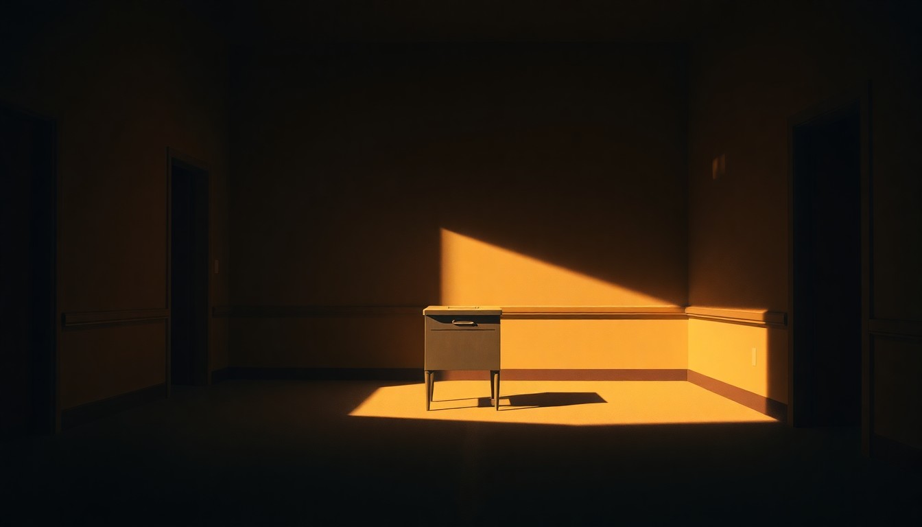 A dimly lit government office with a solitary ballot box in the center, bathed in warm, diagonal sunlight and deep shadows, conveying a sense of quiet contemplation and the importance of the electoral process.