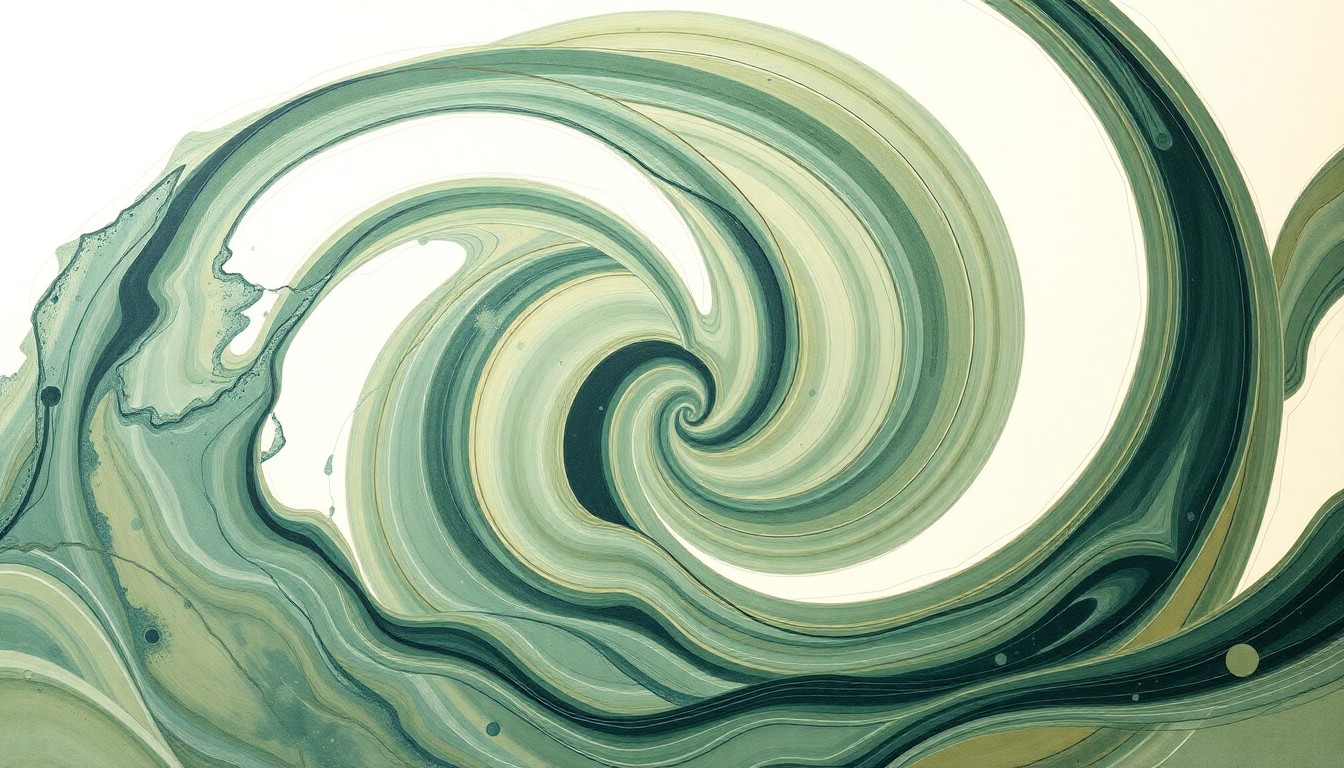 A bold, highly structured abstract painting in muted earthy tones, featuring sweeping geometric arcs, concentric circles, and precise spiraling waveforms, conceptually representing the structural order and natural energy of wave power technology.