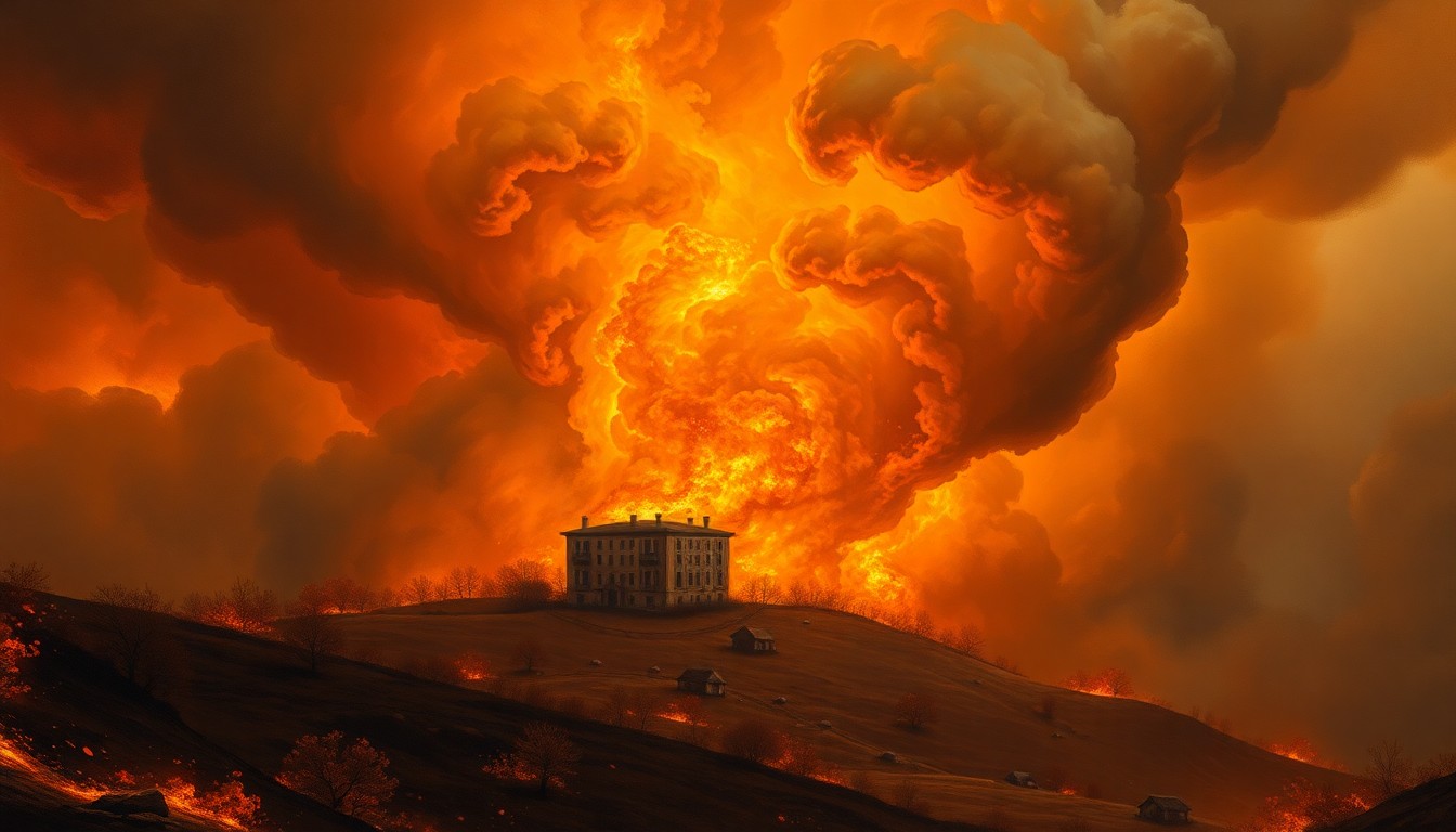 A dramatic landscape painting in the style of Caspar David Friedrich, depicting a small apartment building engulfed in a massive, swirling fire, with billowing smoke obscuring the surrounding environment and conveying the overwhelming scale of the natural disaster.