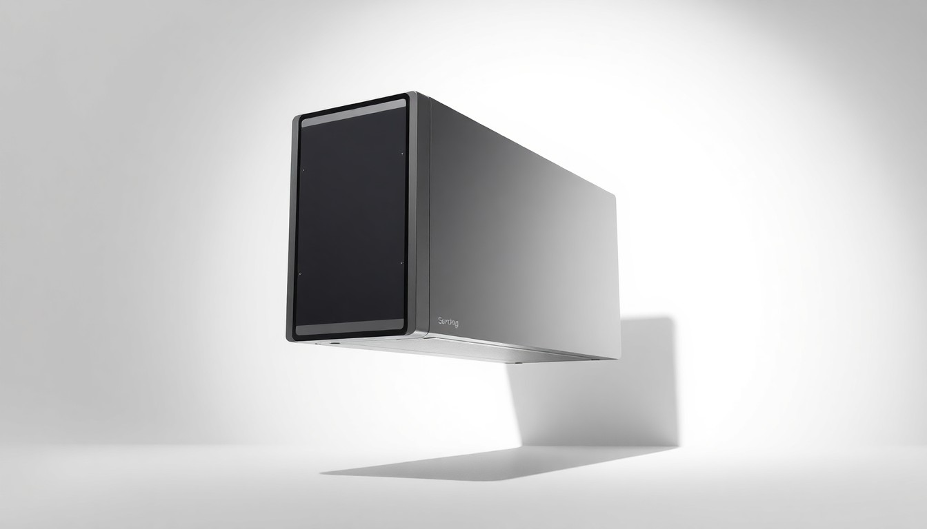 A highly detailed, photorealistic image of a sleek, metallic data storage device floating against a clean, monochromatic background, conveying the precision and power of Senzing's AI-driven data management solutions.