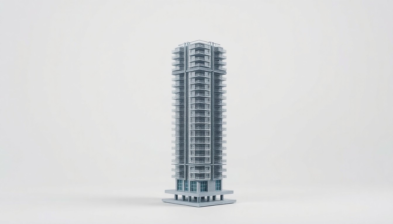 A photorealistic studio still-life of a scale model of a modern, geometric high-rise building, representing the abstract concepts of urban development and architectural design.