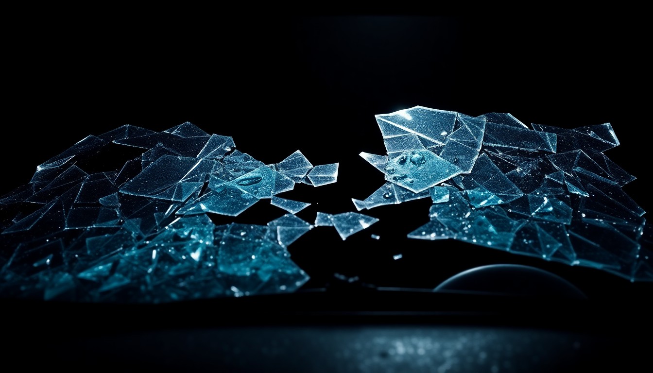 An extreme close-up photograph of a shattered car windshield, capturing the dramatic texture and fragmentation of the glass in stark contrast against a pitch-black background, conceptually representing the aftermath of a high-speed highway accident.