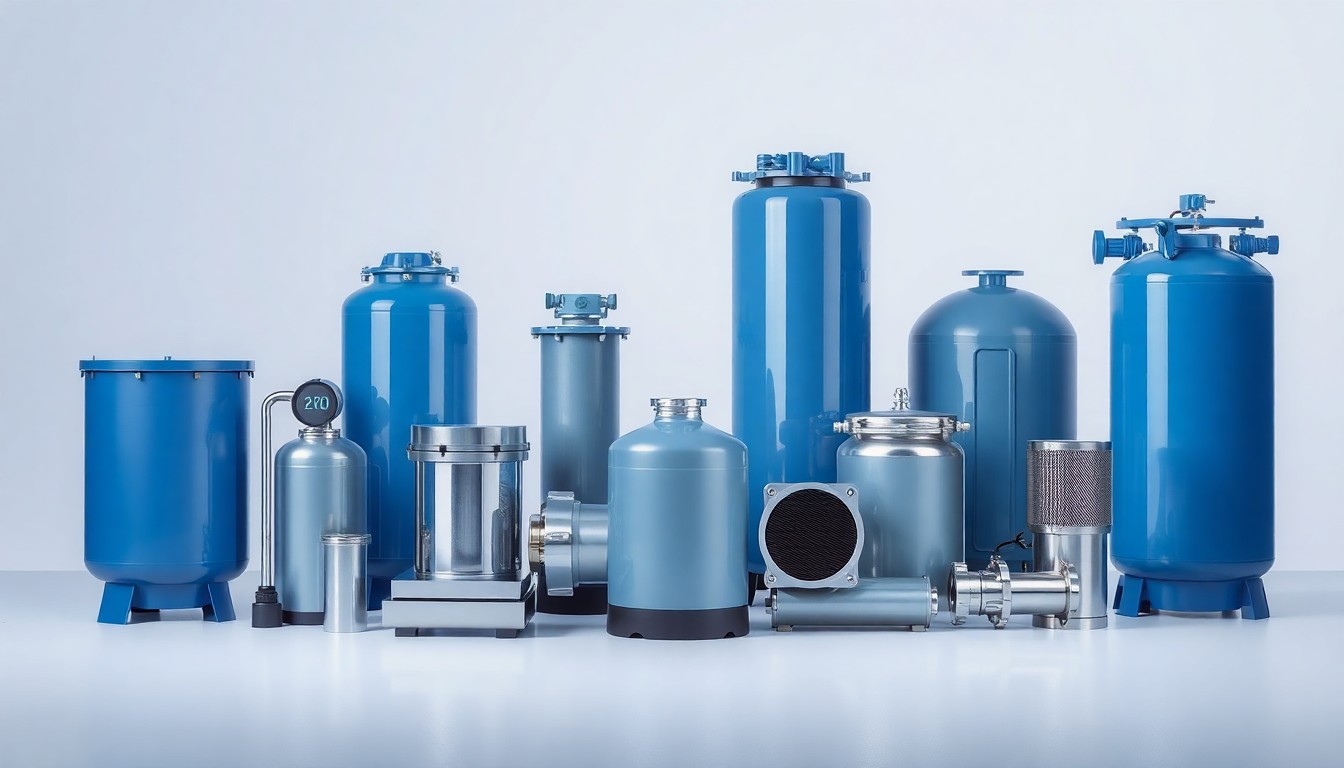 A minimalist, photorealistic studio still life featuring a collection of polished, geometric water treatment equipment and components in shades of blue, grey, and silver, conceptually representing the advanced technologies and solutions offered by the combined SePRO and Earth Science Laboratories.