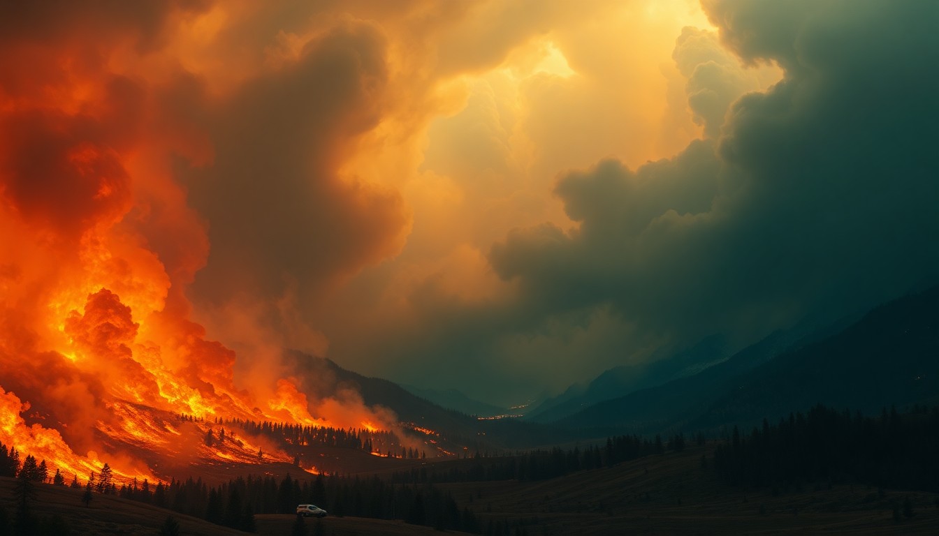 A sweeping, dramatic landscape painting in muted tones of orange, red, and gray, depicting a massive wildfire raging across a vast, open expanse, with plumes of thick smoke obscuring the horizon and dwarfing any visible structures or vegetation.