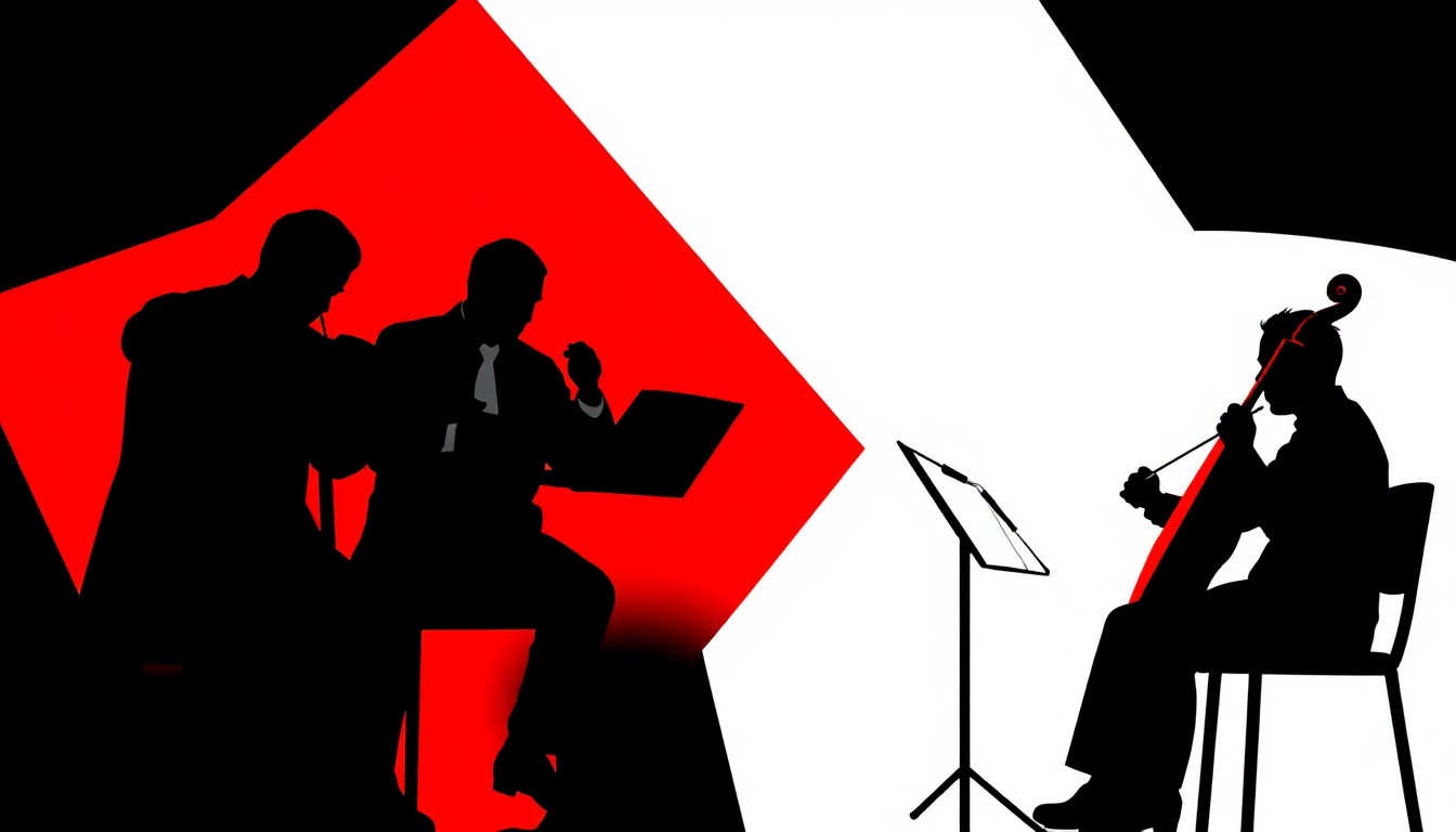 An abstract, minimalist illustration featuring bold, jagged shapes and silhouettes in high-contrast colors, conceptually representing the mentorship and performance of classical musicians.