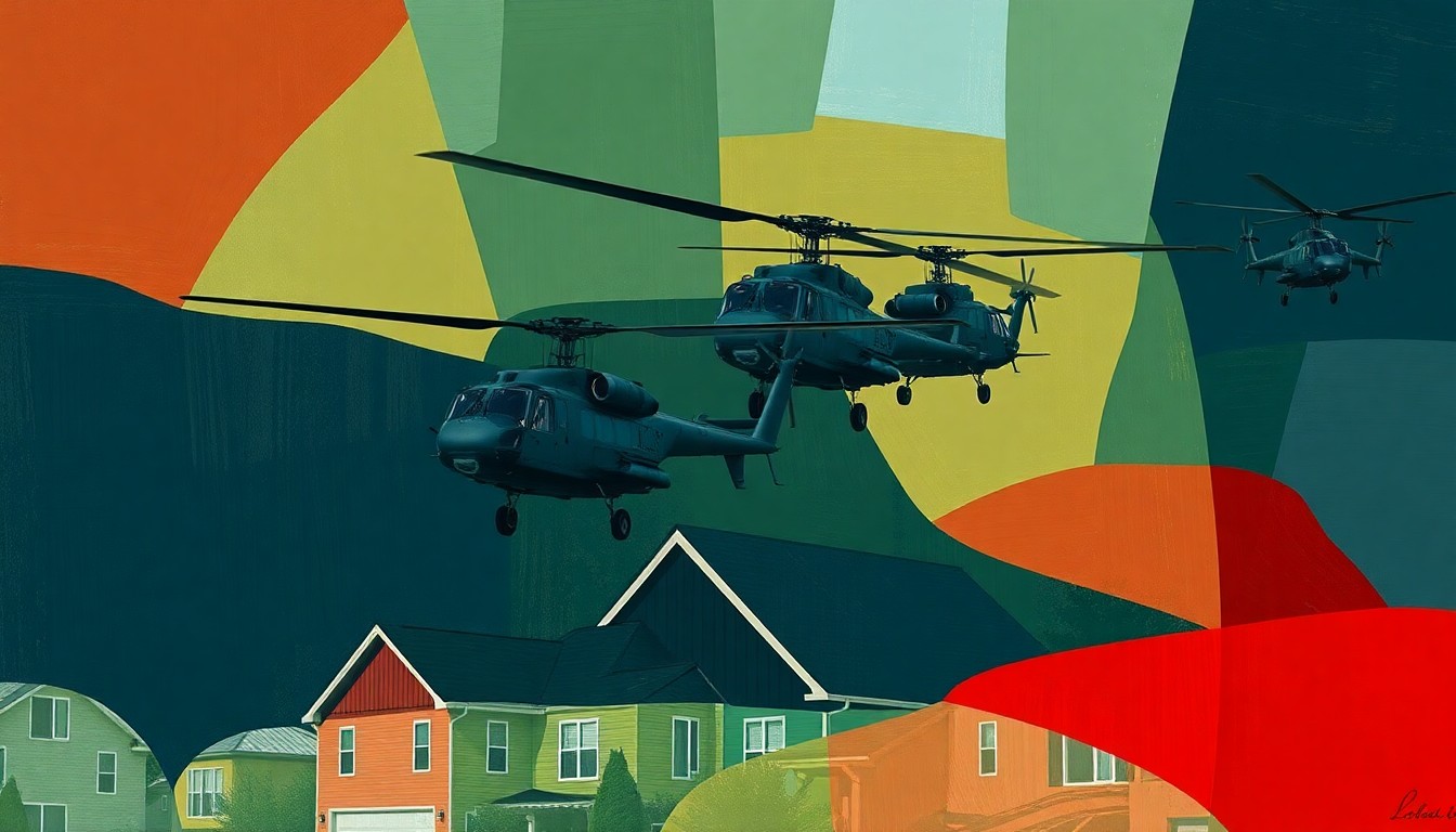 A dynamic, abstract painting depicting two military helicopters hovering over a suburban home, with overlapping geometric shapes and brushstrokes in shades of blue, green, and red, conveying a sense of motion and political tension.