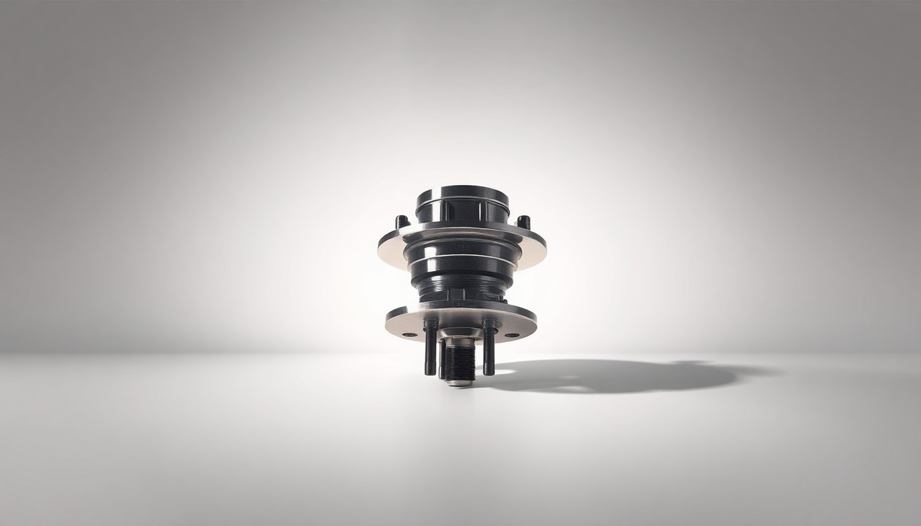 A highly detailed, photorealistic studio photograph of a polished metal RV component, such as a wheel hub or suspension part, arranged elegantly on a clean, monochromatic background and dramatically lit to convey a sense of quality, precision, and strategic importance.