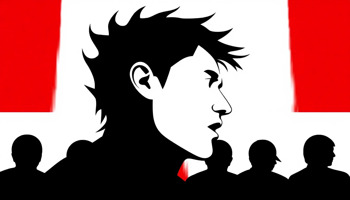 A minimalist, abstract illustration featuring a striking black silhouette of a musician's head against a bold red and white background, conveying the high-energy appeal of a sold-out concert.