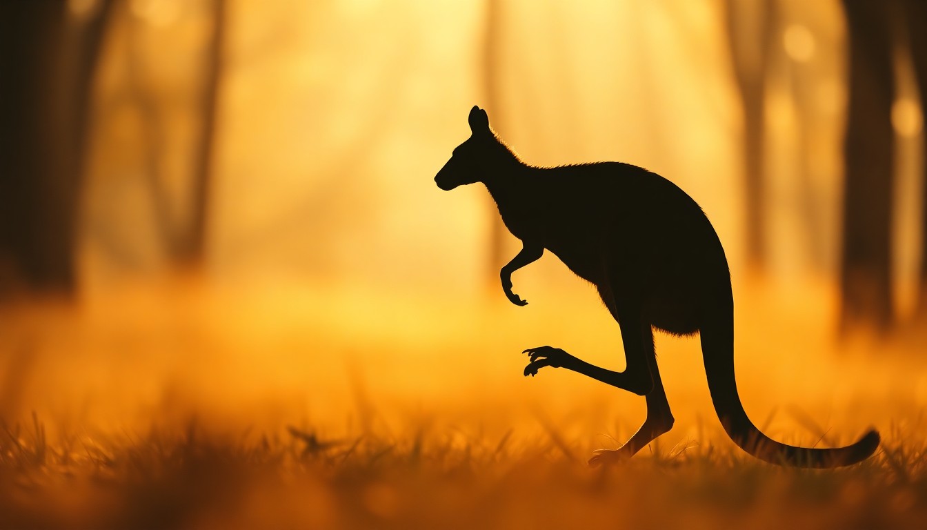 An abstract, impressionistic photograph in soft, warm tones depicting the silhouette of a kangaroo hopping through a blurred, dreamlike forest landscape.