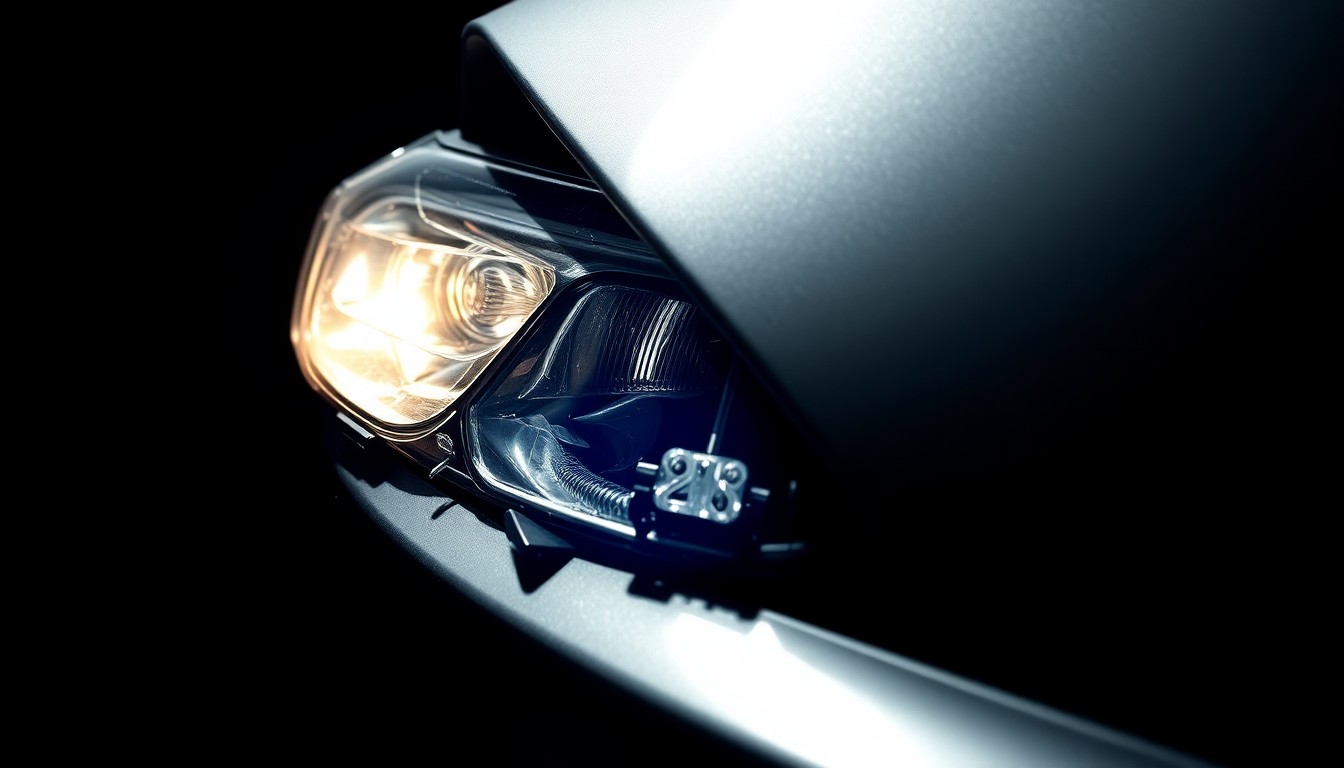 An extreme close-up of a crumpled car fender, the twisted metal and shattered glass reflecting the harsh glare of a camera flash, conceptually illustrating the secrecy and lack of transparency surrounding a recent high-profile incident involving a law enforcement official.