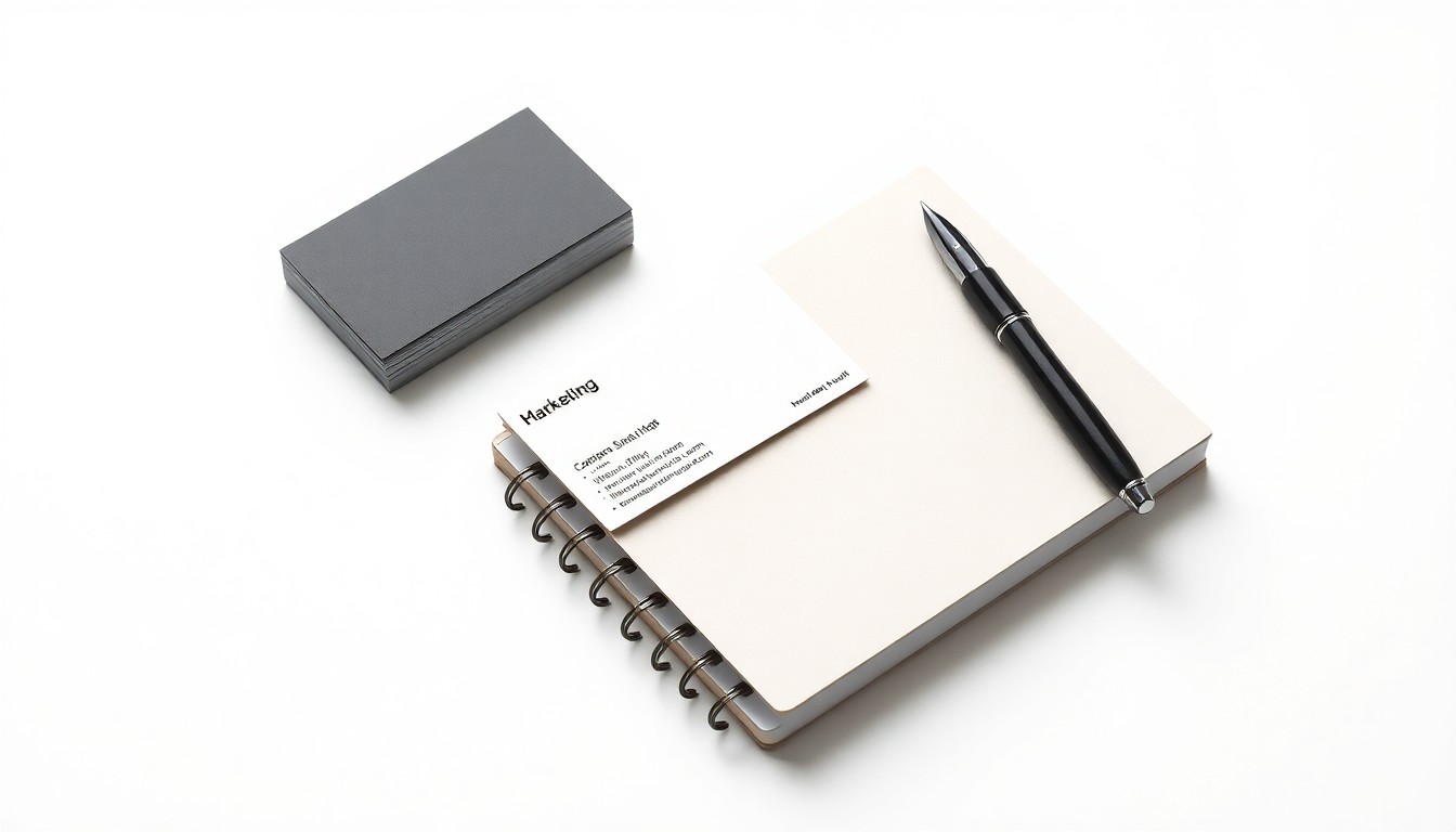 A minimalist studio still life photograph featuring a stack of business cards, a pen, and a notebook arranged on a clean white background, conceptually representing the marketing resources and strategies that will be covered in an upcoming free workshop for small businesses.