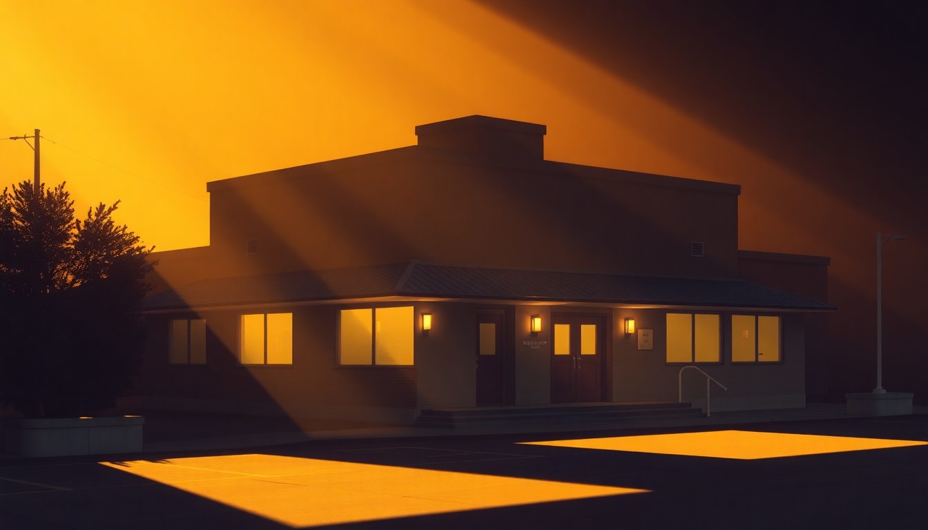 A serene, cinematic painting of a government building or emergency operations center, with warm sunlight and deep shadows creating a sense of quiet contemplation.
