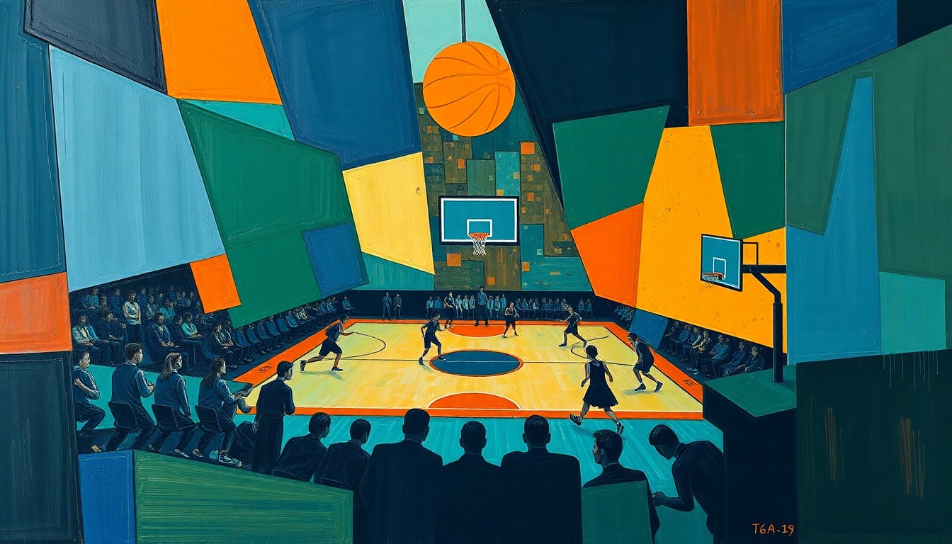 A cubist, geometric painting depicting the dynamic movements and overlapping perspectives of a high school basketball game, rendered in a palette of navy, green, and orange.