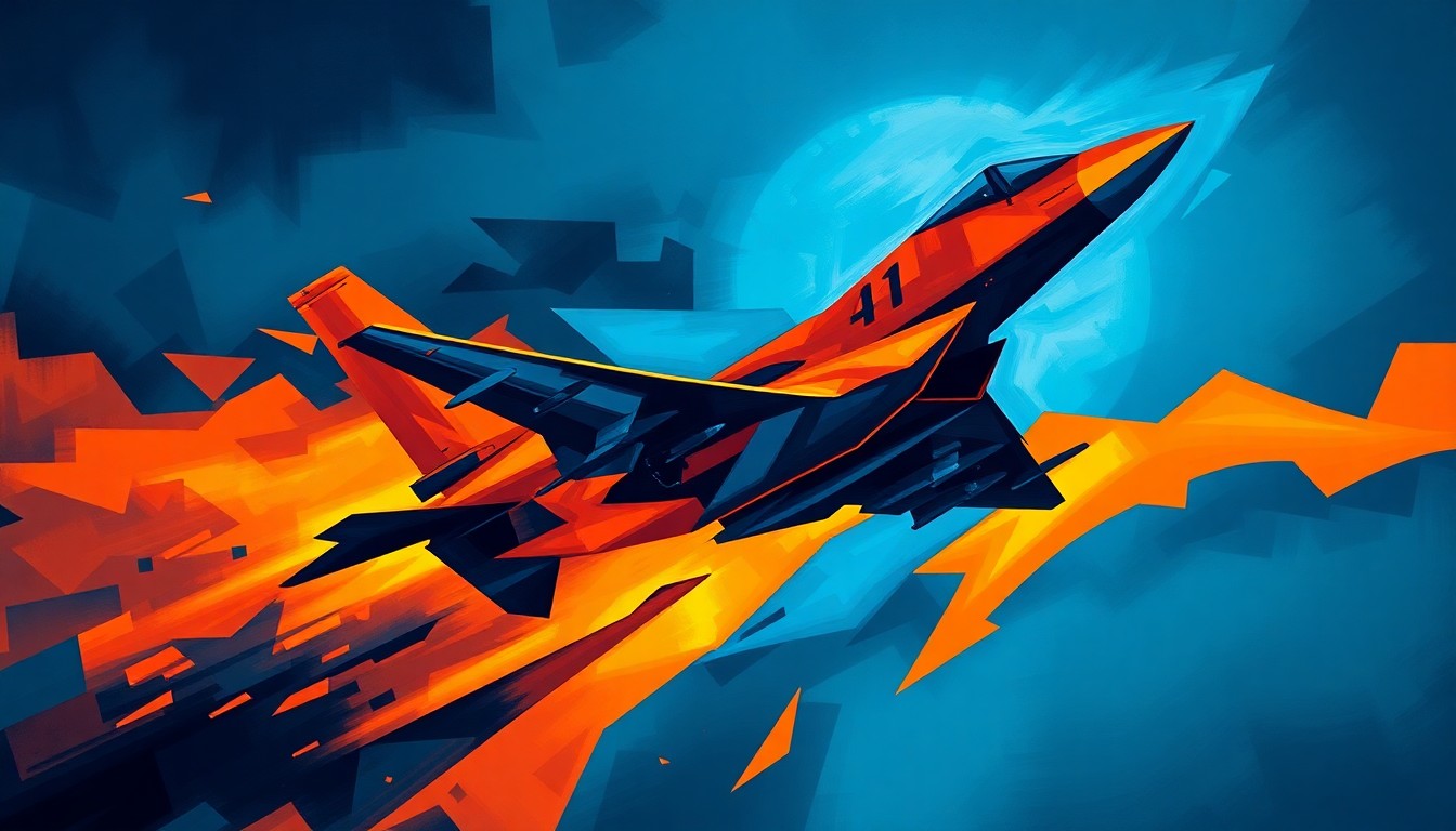A dynamic, abstract painting featuring the overlapping, fragmented silhouette of a military jet fighter plane in mid-flight, rendered in bold, vibrant colors that convey a sense of motion, energy, and unease.