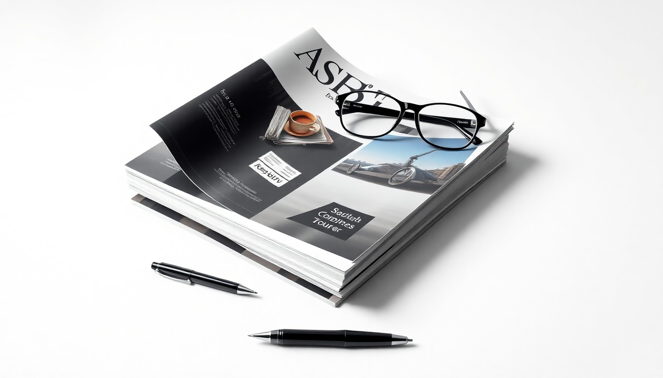 A high-end, photorealistic studio still-life photograph featuring a stack of glossy business magazines, a pen, and a pair of reading glasses arranged elegantly on a clean, white seamless background, conceptually representing the abstract ideas of corporate trust and credibility.