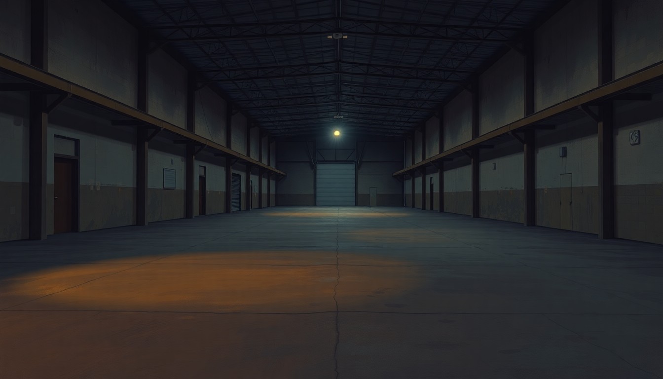 A moody, cinematic painting of an empty government warehouse at dusk, with a single security light casting long shadows across the concrete floor, conveying a sense of uncertainty about the building's future purpose.