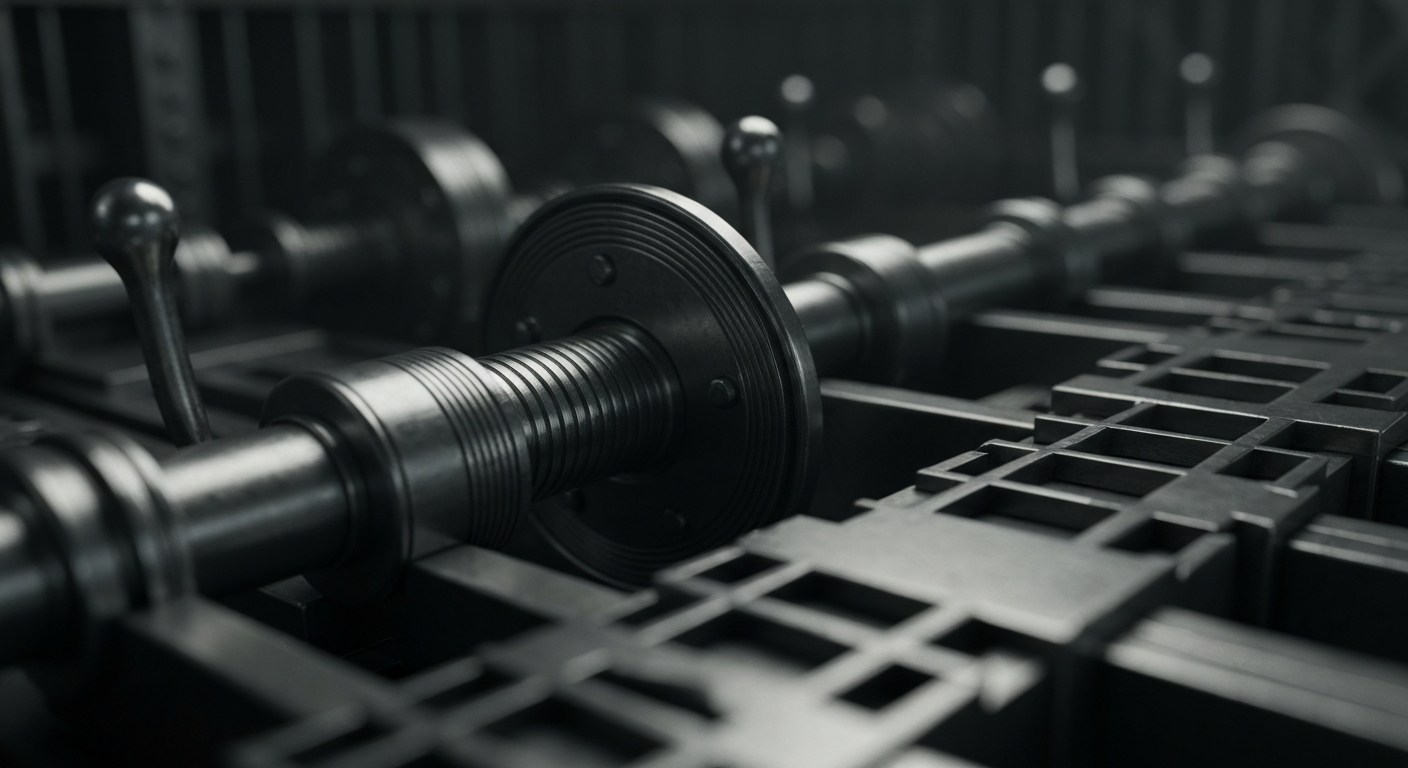 An extreme close-up of the intricate mechanical components inside a bank vault, conveying a sense of institutional financial power and security through a cinematic, high-contrast visual style.