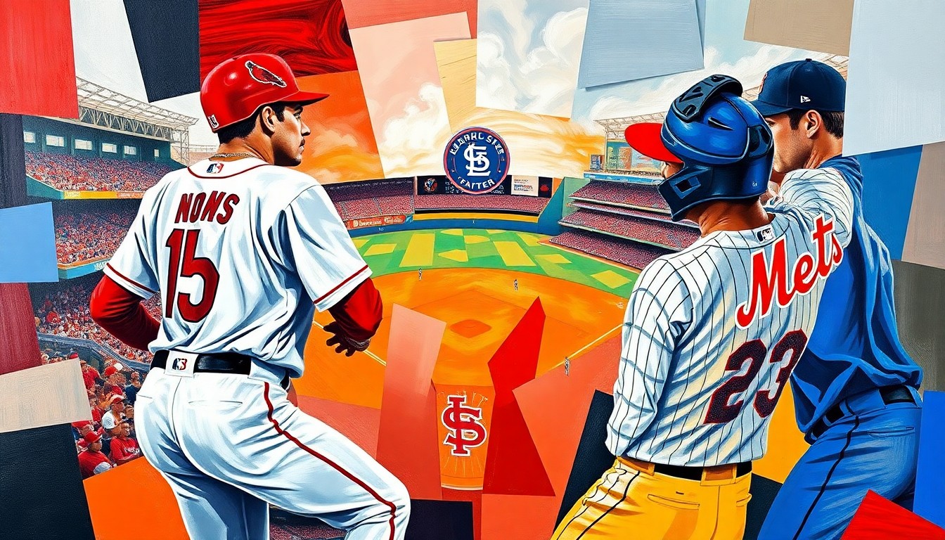 A cubist-style painting depicting a baseball game, with the players and field broken down into overlapping geometric shapes in the colors of the Cardinals and Mets uniforms.