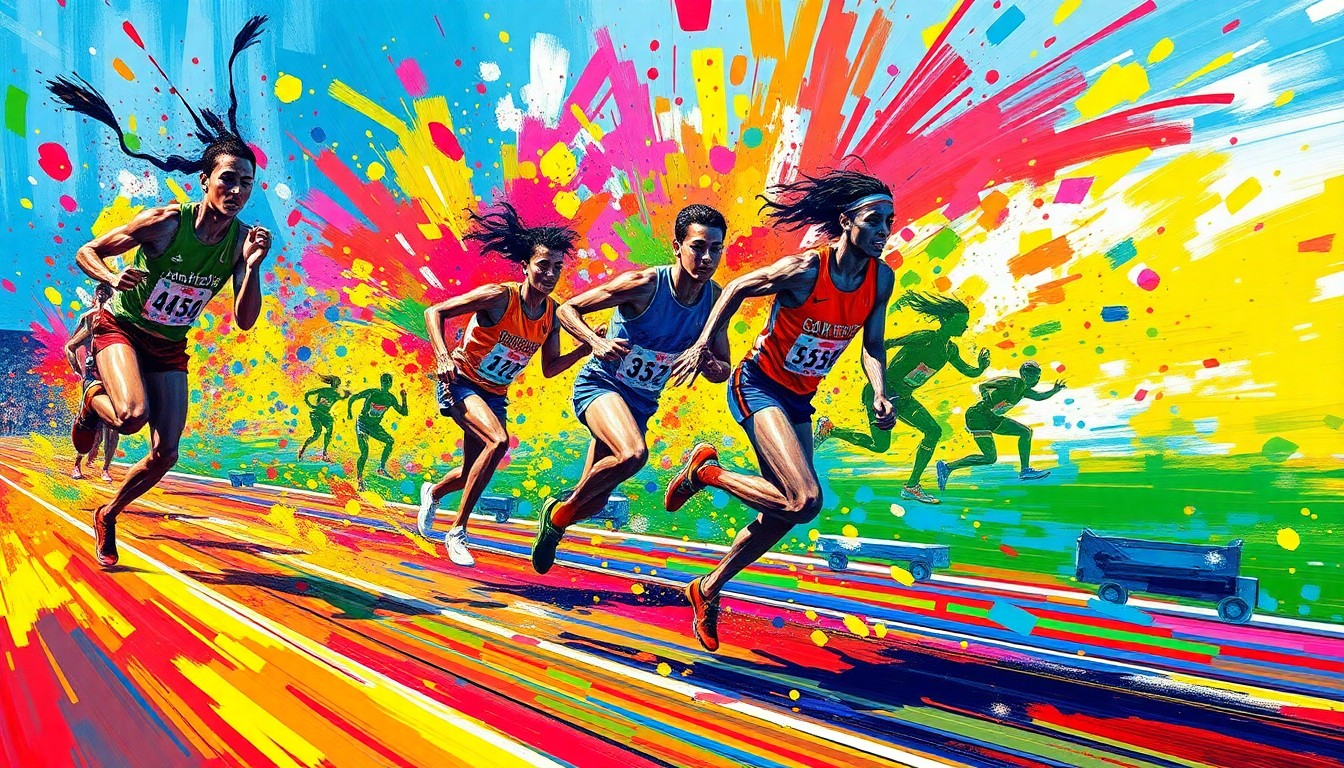 An abstract, expressionist painting in vibrant neon colors, capturing the kinetic energy and movement of a high school track and field competition through rapid, dissolving brushstrokes.