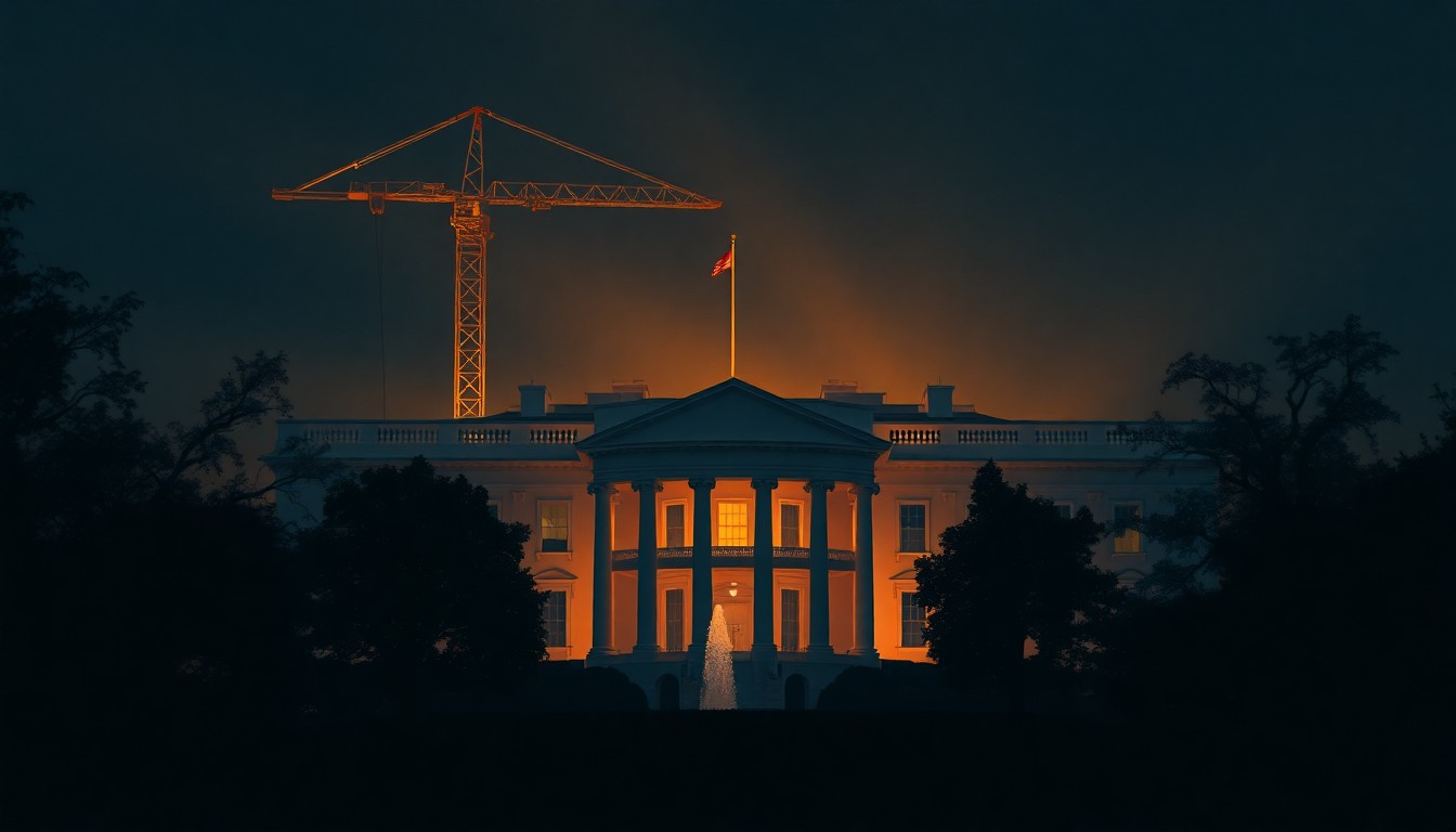 A cinematic painting of the White House at night, with two large construction cranes looming overhead and casting long shadows across the building. The scene is bathed in warm, diagonal sunlight and deep shadows, creating a sense of political tension and uncertainty.