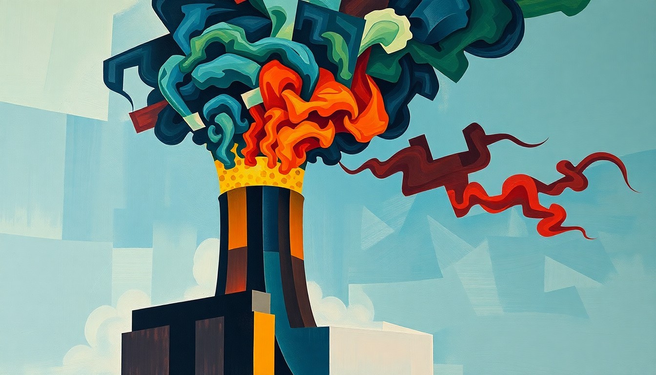 A vibrant, abstract painting depicting the fractured, overlapping forms of a coal power plant smokestack emitting colored plumes, conveying a sense of environmental disruption and the legal conflict over regulating toxic emissions.