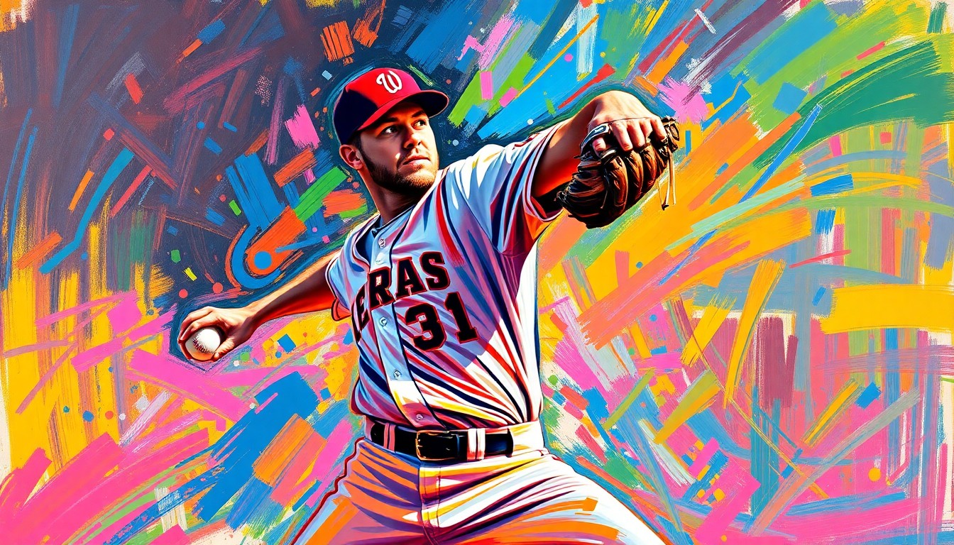 An abstract, energetic painting using bold, neon-like brushstrokes to depict the dynamic motion of a baseball pitcher in action, conceptually representing the excitement and potential of the Phillies' young pitching prospect.