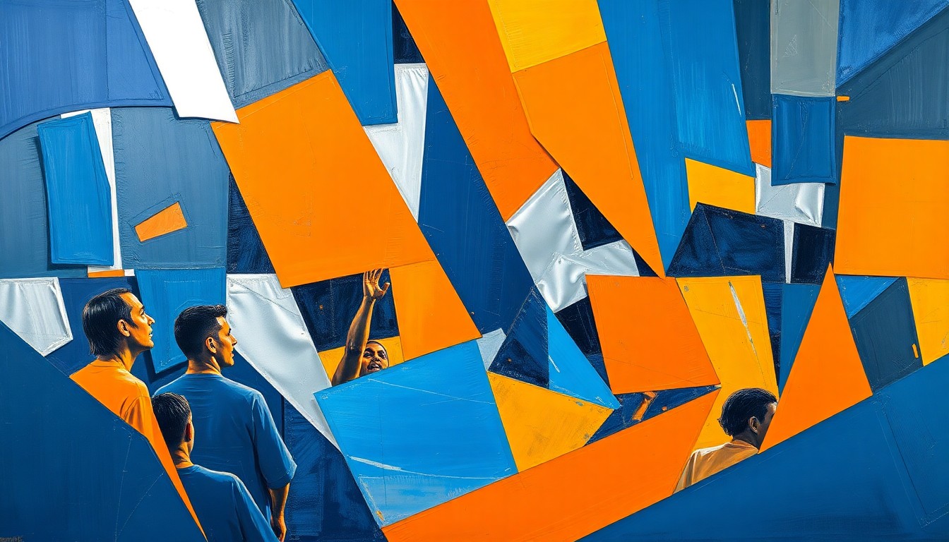 A fragmented, cubist-style painting depicting a basketball coaching scene, with sharp geometric shapes and planes in shades of blue, orange, and silver, conceptually representing the multi-faceted dynamics behind Izzo's decision to remain at Michigan State.