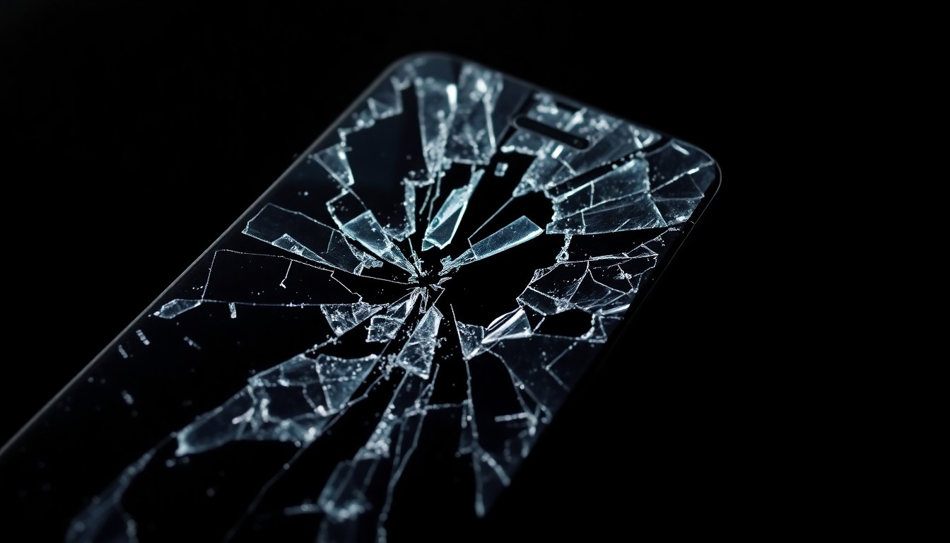 An extreme close-up photograph of a cracked and damaged smartphone screen, conceptually representing the devastating impact of a financial scam on an elderly victim.