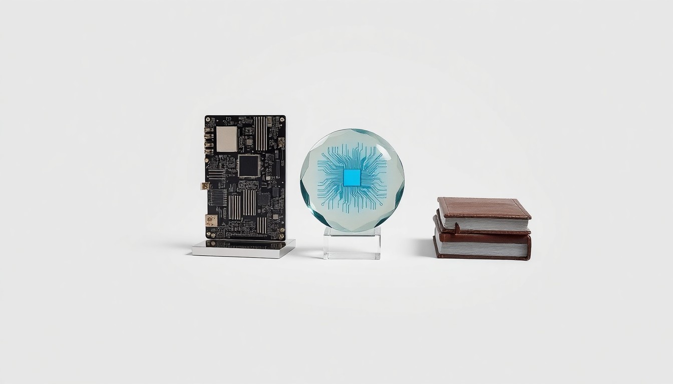 A photorealistic studio still life featuring a polished metal sculpture, a glass paperweight, and a stack of leather-bound books, symbolizing the intersection of technology, finance, and intellectual capital that defines Ron Conway's investing approach.