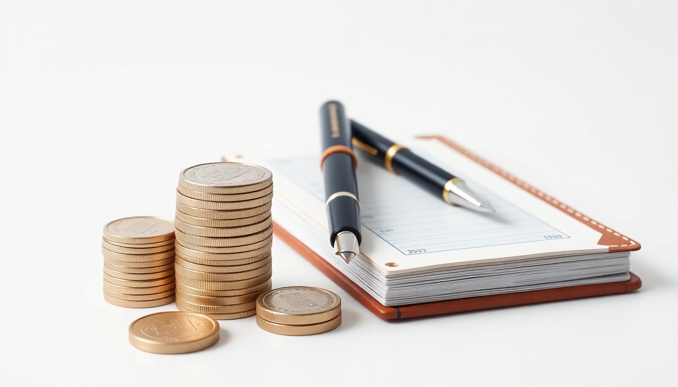 A minimalist studio still life featuring a stack of polished metal coins, a fountain pen, and a leather-bound ledger book, conceptually representing the financial strength and attention to detail of a top-ranked community bank.
