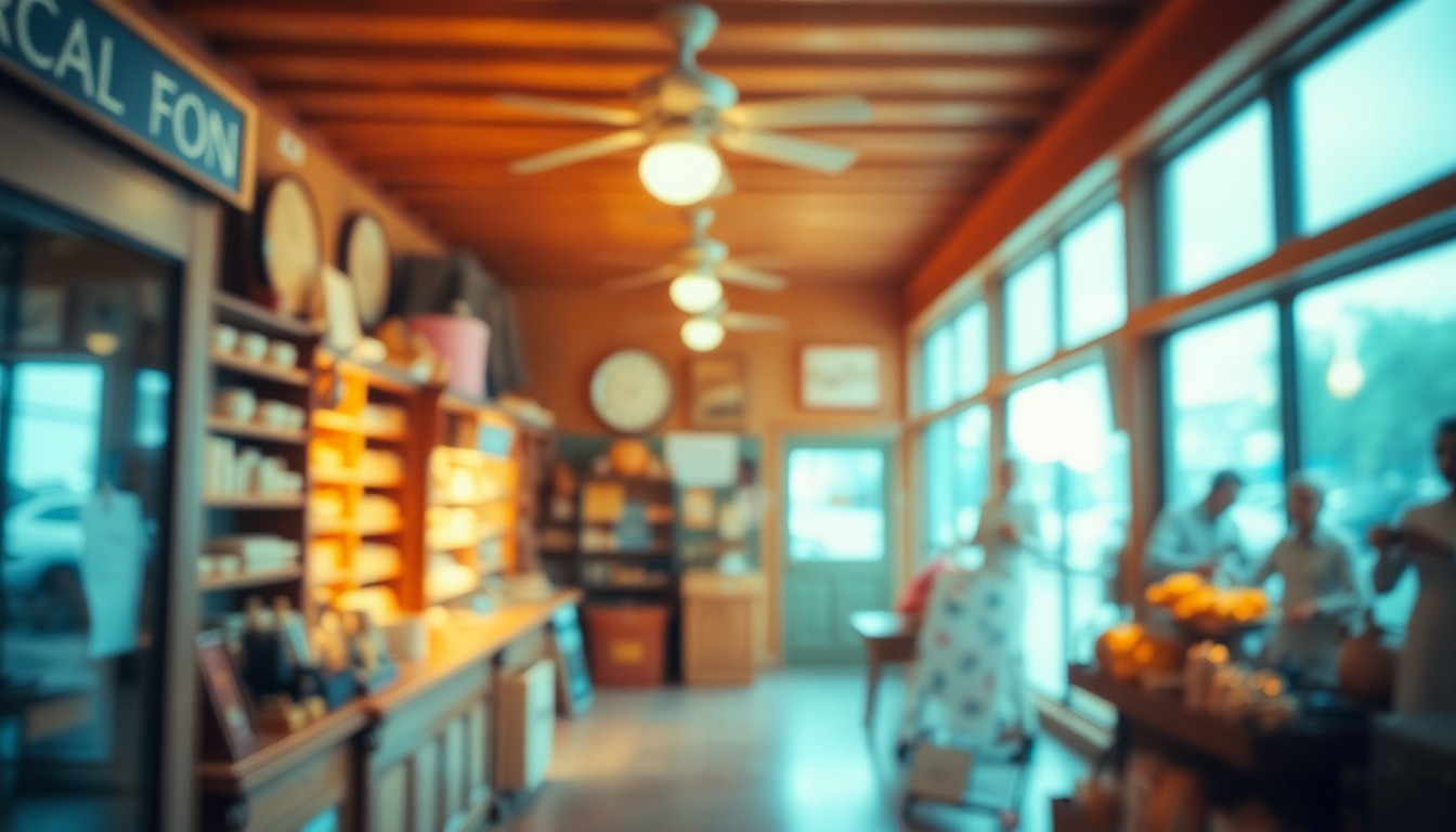 An abstracted, out-of-focus photograph in warm tones depicting the interior of a vintage general store, with blurred shelves, counters, and hints of old-fashioned decor, conveying a sense of community and nostalgia.