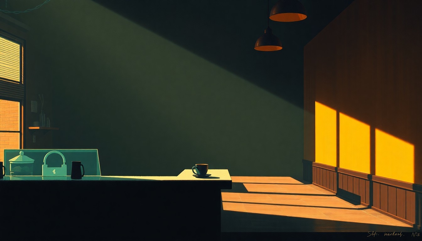 A softly lit, cinematic painting of an empty coffee shop counter, with warm sunlight streaming in through the windows and deep shadows cast across the surface, creating a contemplative and unsettling mood.