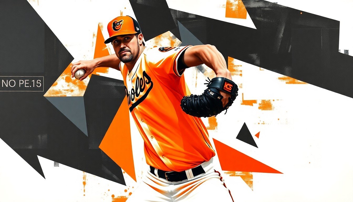 A cubist-style painting depicting a baseball pitcher's throwing motion broken down into overlapping geometric shapes and planes in shades of orange, black, and white, representing the fragmented nature of the Orioles' pitching staff due to Zach Eflin's injury.