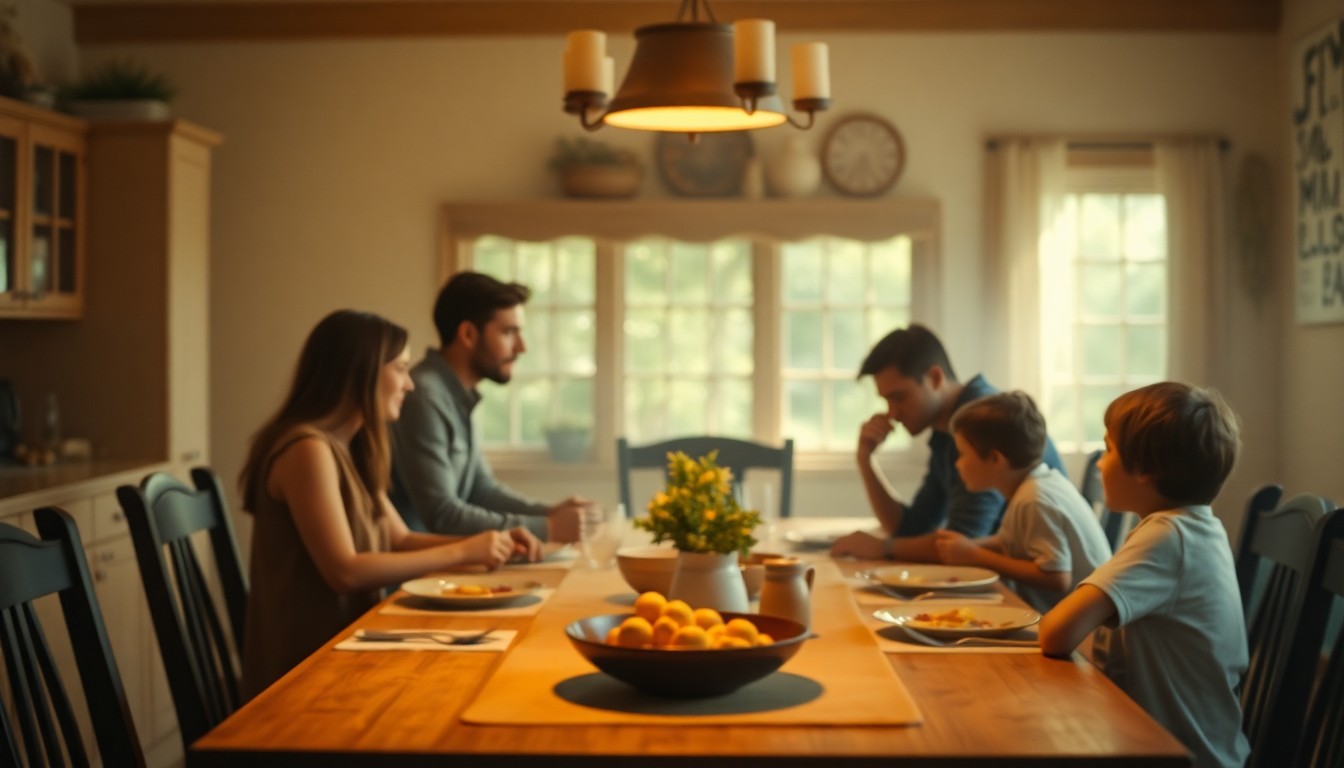 An abstract, out-of-focus photograph in warm, hazy tones depicting a family gathered around a farmhouse kitchen table, their faces obscured but their body language and gestures conveying a sense of intimacy and togetherness.