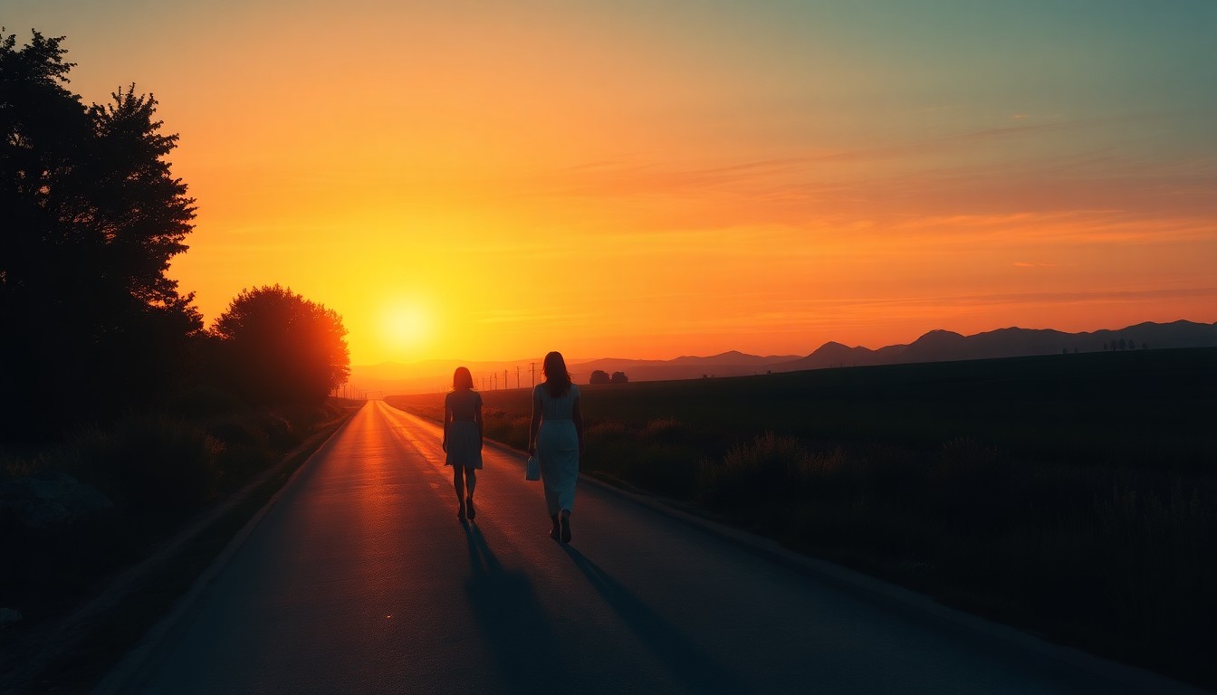 A serene, cinematic painting depicting two female figures walking alone on a rural road at dusk, their forms illuminated by warm, golden light and surrounded by deep shadows, conveying a sense of quiet determination and the personal sacrifice of their journey.
