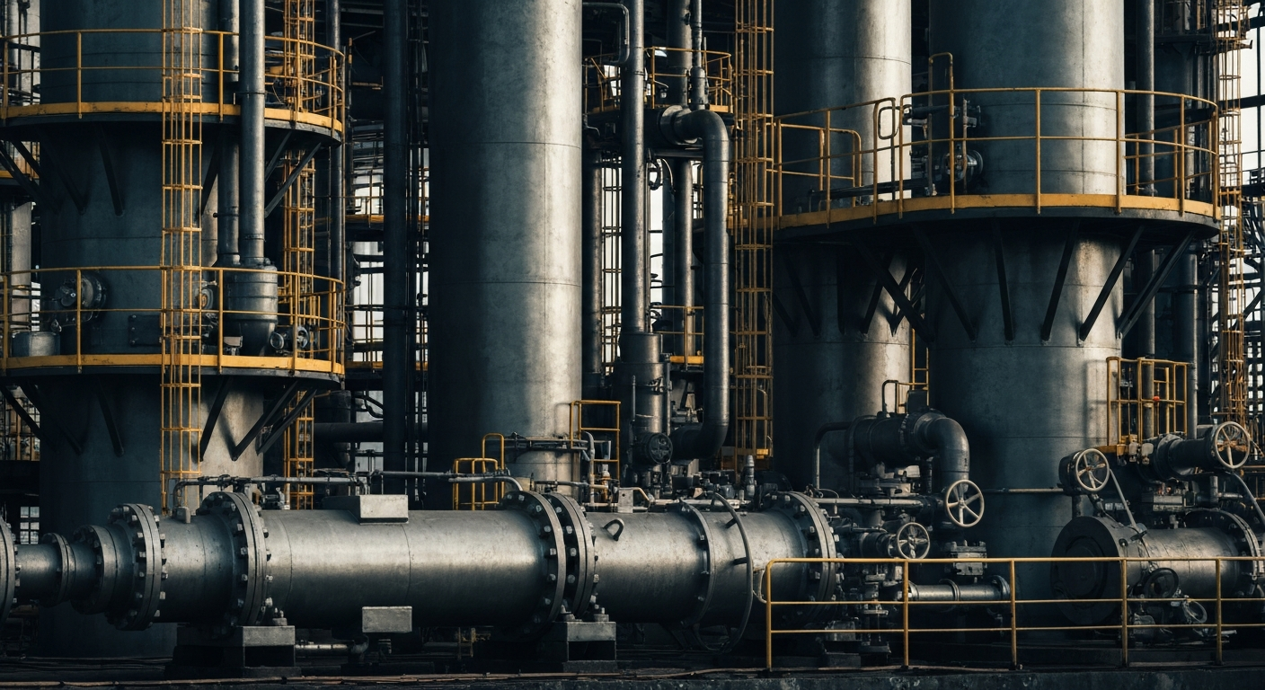 An extreme, cinematic close-up of heavy, industrial machinery and equipment, representing the physical, mechanical nature of the chemicals and manufacturing sectors without using any text or symbols.