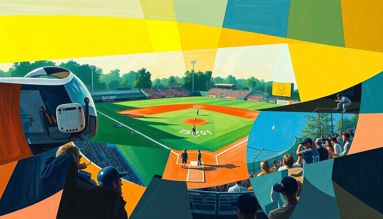 A cubist-style painting depicting a high school softball game, with the players and field broken down into sharp, overlapping geometric shapes and planes in vibrant colors, conveying the dynamic energy and multiple perspectives of the sport.